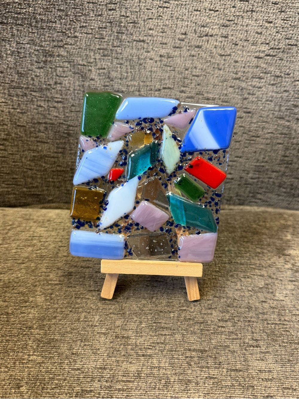 Handmade Multicolor Fused Mosaic Glass Art Panel Glued to Wooden Dated Easel.